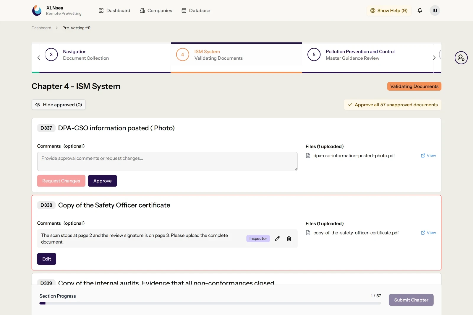 Inspector validating a chapter: approved documents, one sent back with a comment and one still open