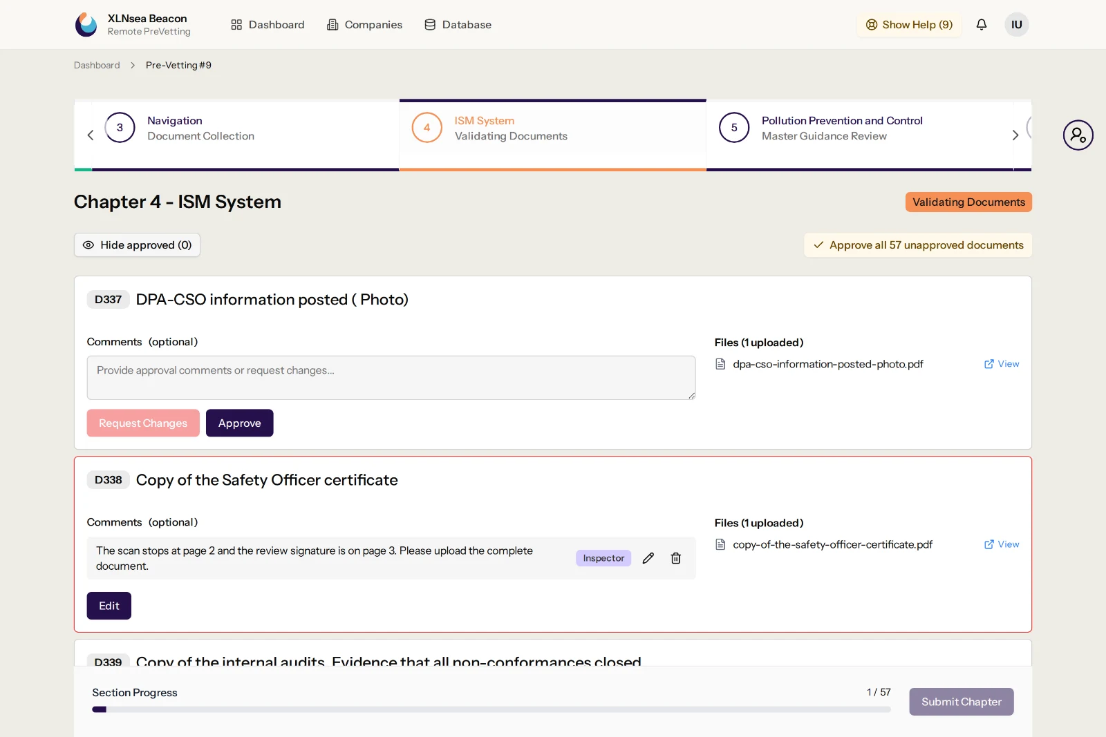 Inspector validating a chapter: approved documents, one sent back with a comment and one still open