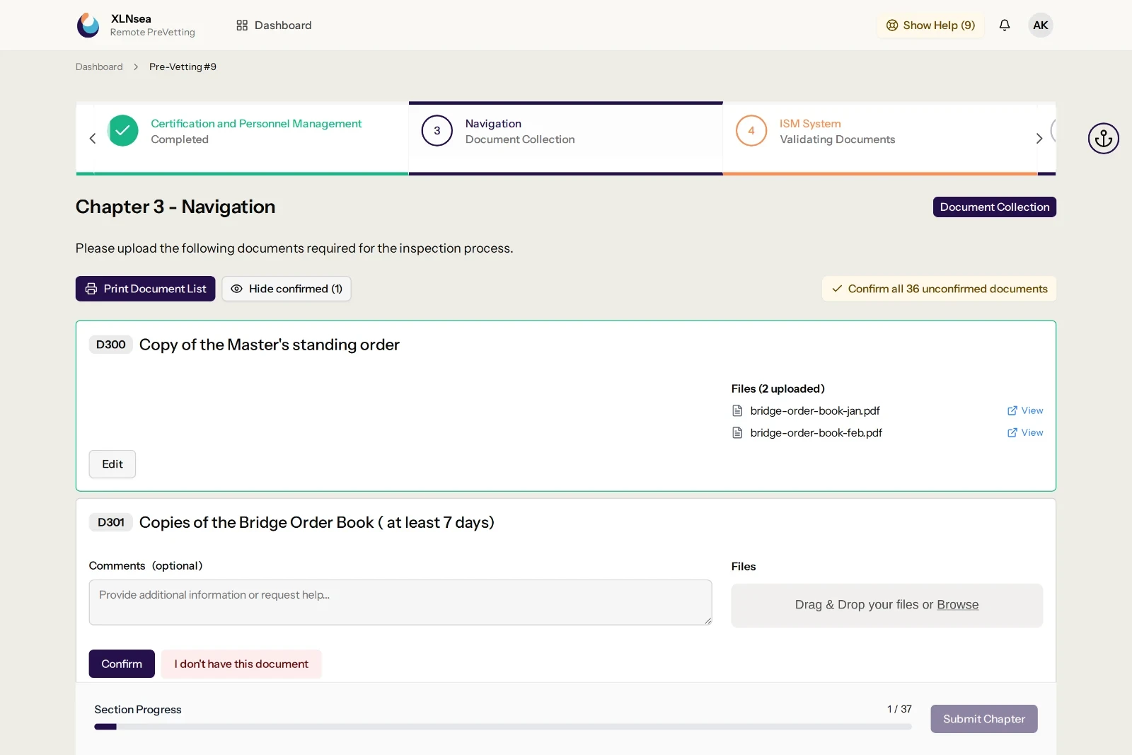 Chapter document collection screen: coded documents, one already uploaded and confirmed, the rest with a drop area and a comment box