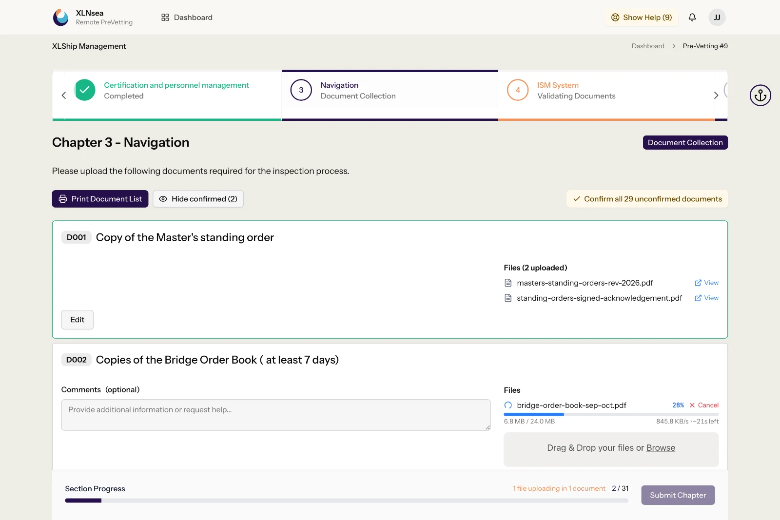 Chapter document collection: one document uploaded and confirmed, the next one’s file uploading at 28% over a slow connection