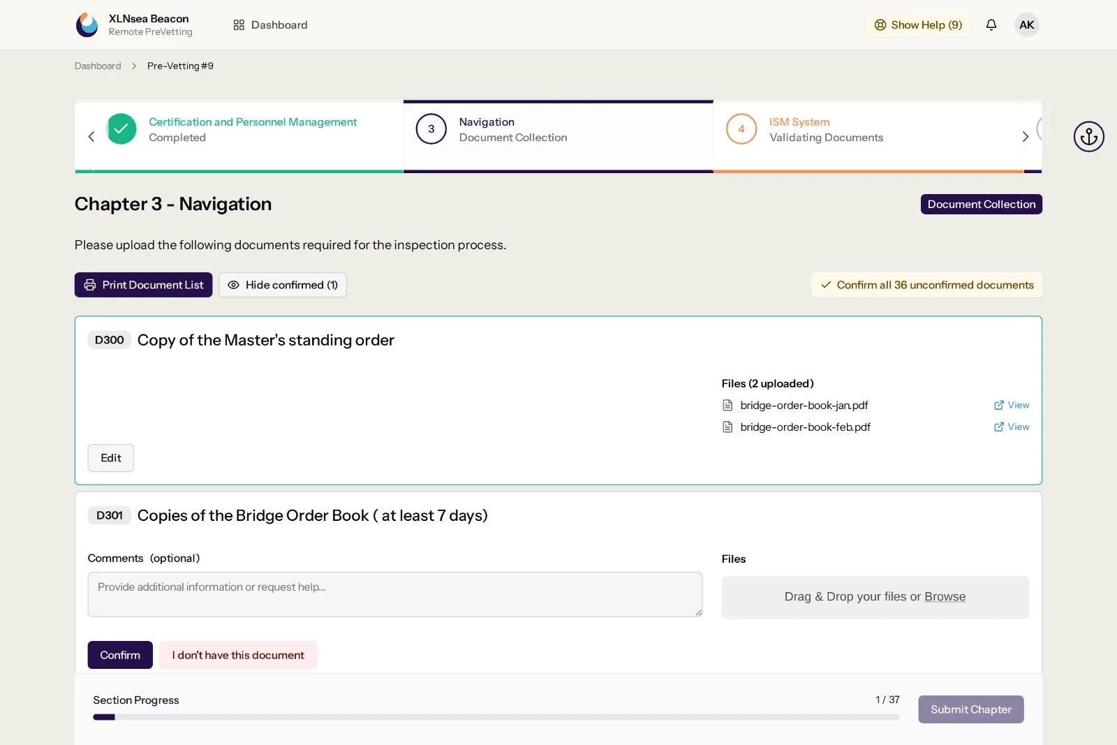 Chapter document collection screen: coded documents, one already uploaded and confirmed, the rest with a drop area and a comment box