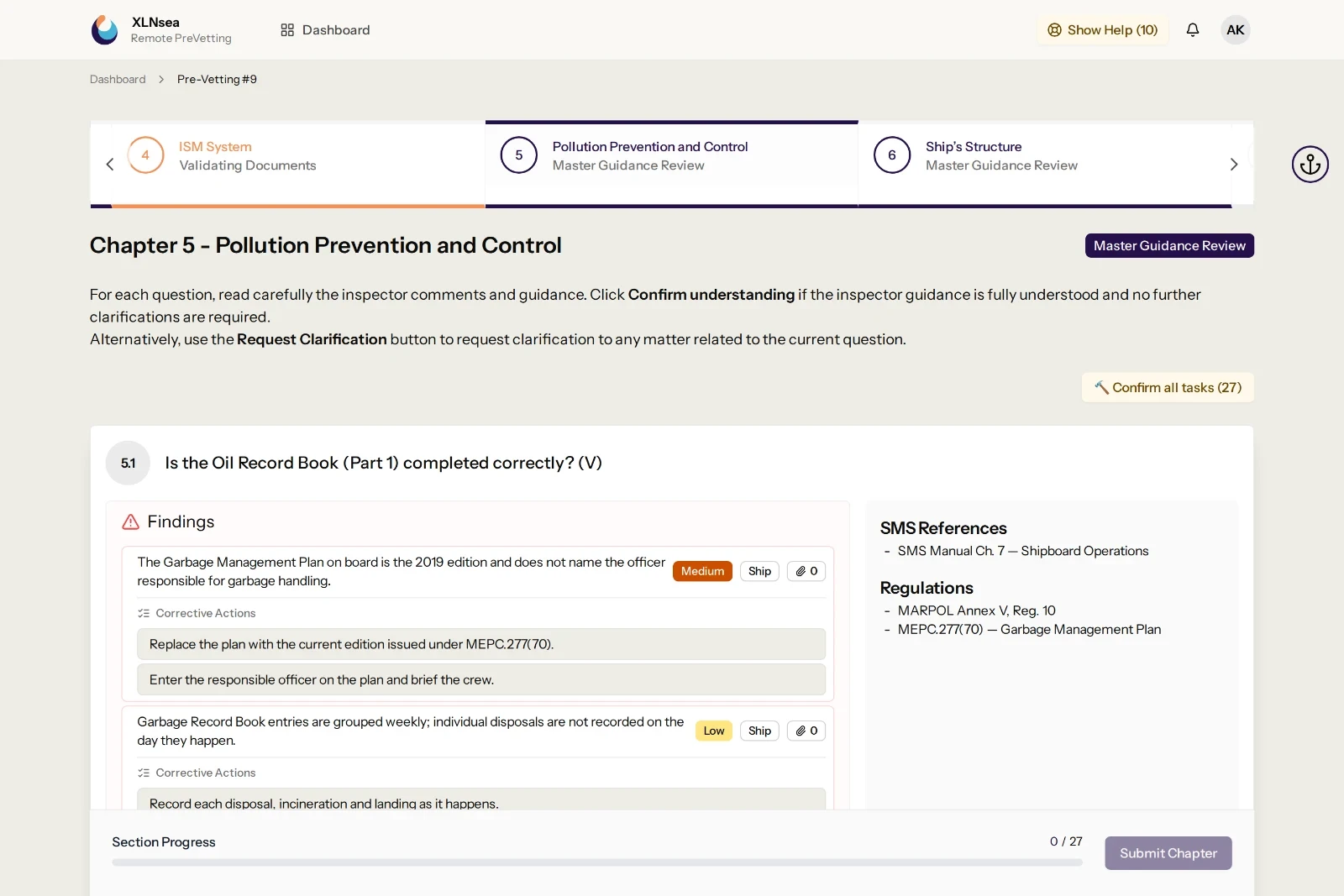 Question awaiting the Master’s confirmation, with two findings, their corrective actions, the SMS reference and the regulations