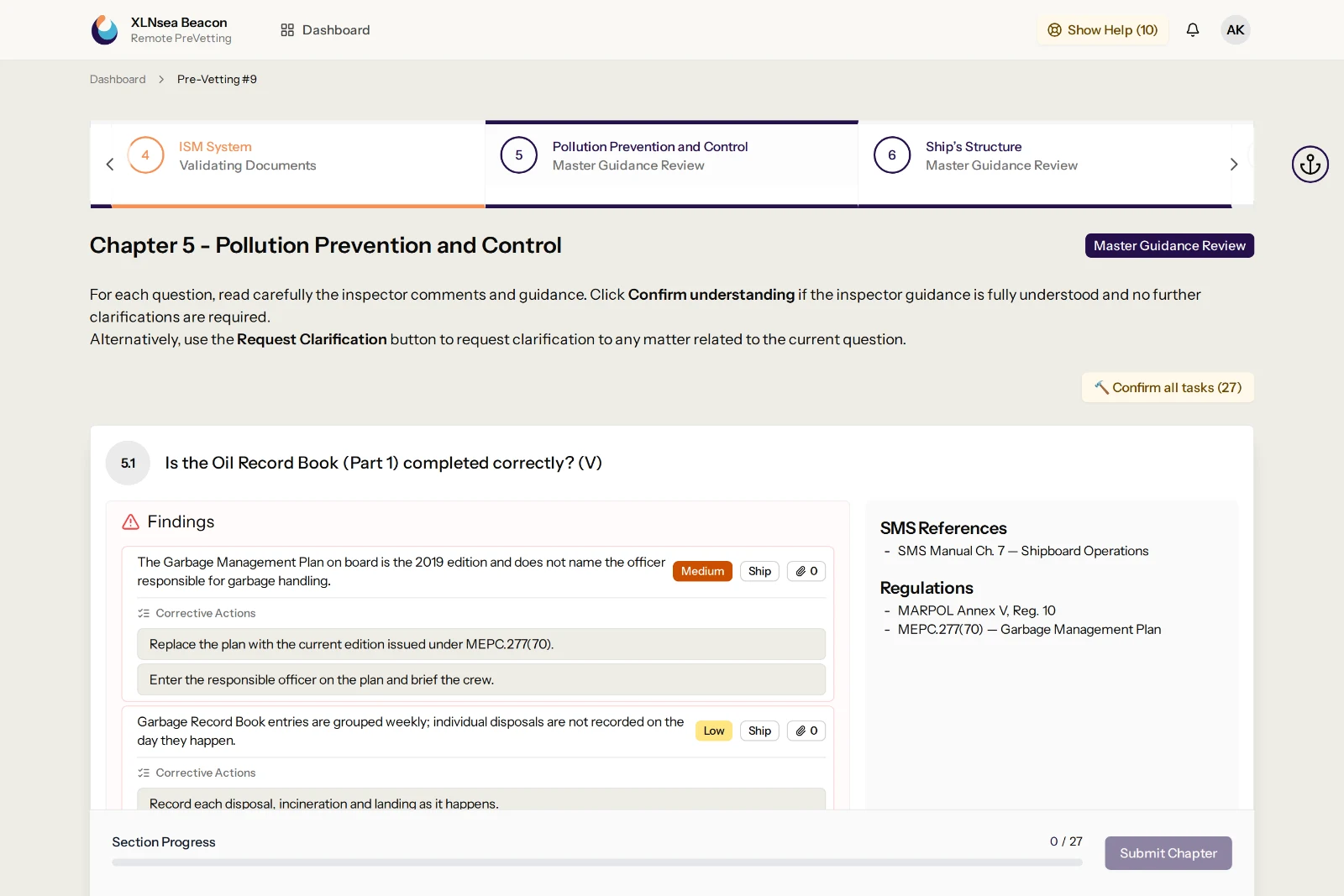 Question awaiting the Master’s confirmation, with two findings, their corrective actions, the SMS reference and the regulations