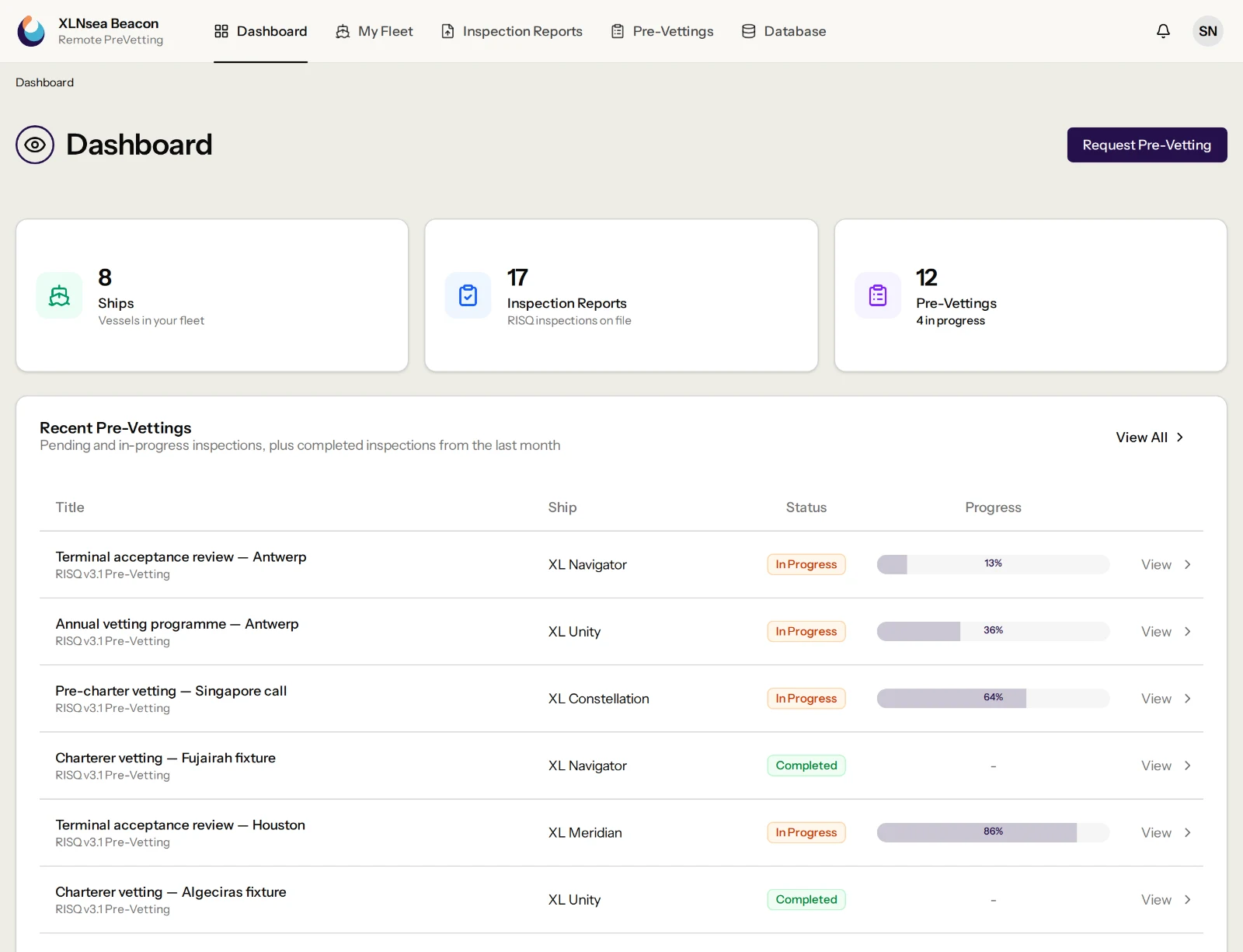 XLNsea manager dashboard — fleet vessels, inspection reports on file and open Pre-Vettings with their progress