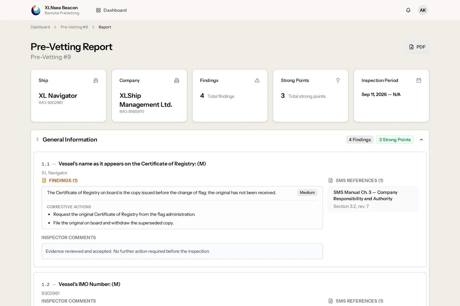 Pre-Vetting report with findings and strong points per chapter, ready to print as a PDF