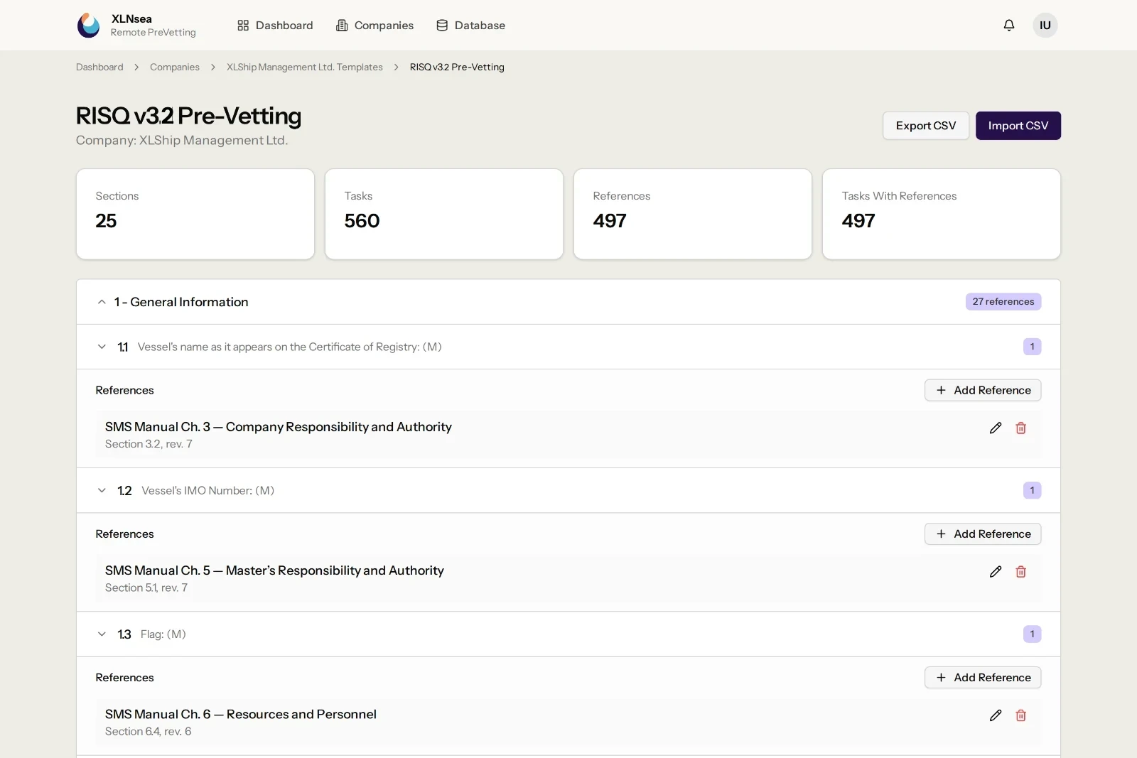 Company template screen listing RISQ questions with the SMS manual section mapped to each one