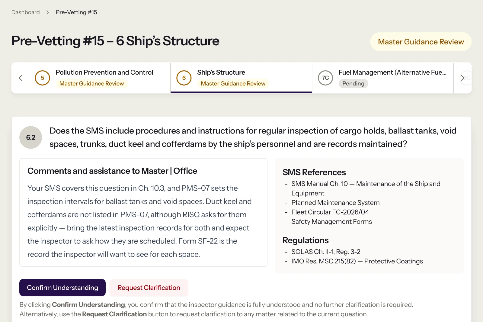 Close-up of question 6.2 as the Master reads it: the inspector’s guidance beside the company’s SMS references mapped to the RISQ question, and the regulations