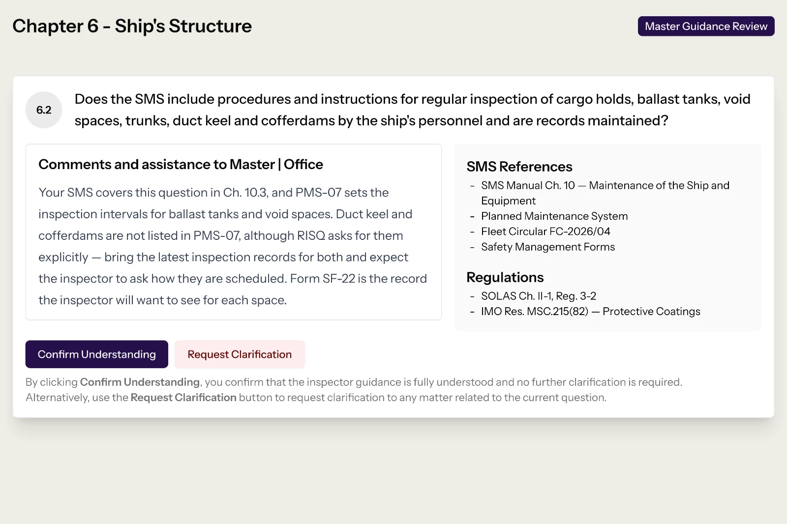 Close-up of question 6.2 as the Master reads it: the inspector’s guidance beside the company’s SMS references mapped to the RISQ question, and the regulations